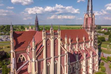 aerial view on neo gothic or baroque temple or catholic church in countrysideの写真素材