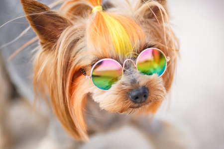 Lovely puppy of Yorkshire Terrier small dog with in rainbow sunglasses on green blurred backgroundの写真素材