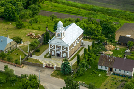 aerial view on neo gothic or baroque temple or catholic church in countrysideの写真素材