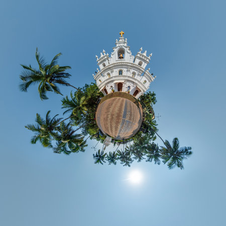portugal catholic church in jungle among palm trees in Indian tropic village on little planet in blue sky, transformation of spherical 360 panorama. Spherical abstract view with curvature of space.の写真素材