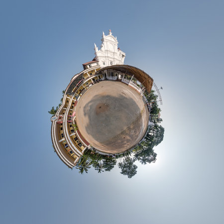 portugal catholic church in jungle among palm trees in Indian tropic village on little planet in...