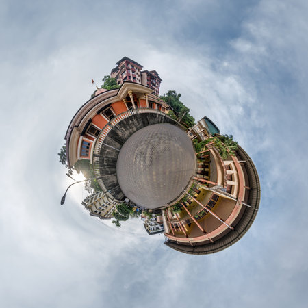 indian town on little planet in blue sky, transformation of spherical 360 panorama. Spherical...