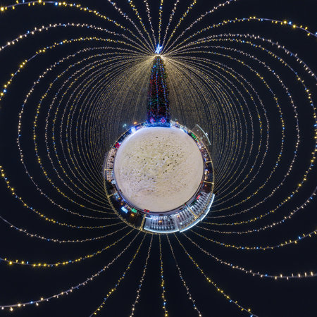 new year tiny planet with Christmas tree. Spherical aerial 360 panorama night view on festive square...