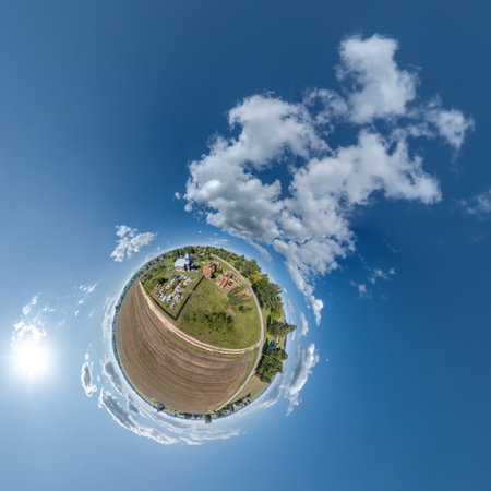 simple tiny planet without buildings in blue sky with beautiful clouds. Transformation of spherical...