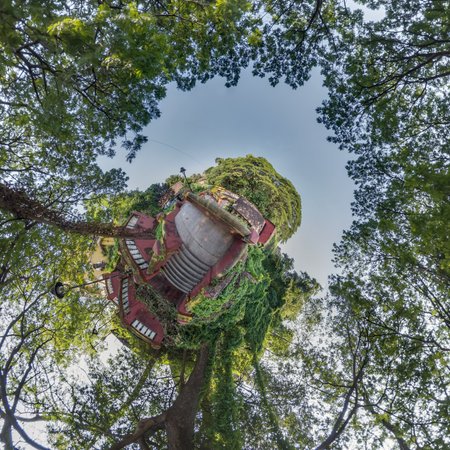 tiny planet transformation of spherical panorama 360 degrees. Spherical abstract aerial view in...