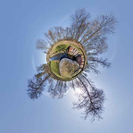 tiny planet transformation of spherical panorama 360 degrees. Spherical abstract aerial view with...