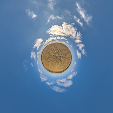 simple little tiny planet without buildings in blue sky with beautiful clouds. Transformation of...