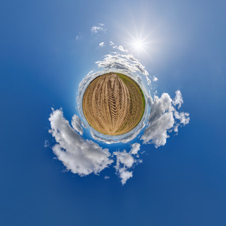 simple little tiny planet without buildings in blue sky with beautiful clouds. Transformation of...