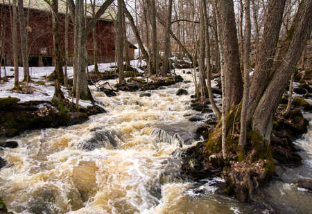 Mankinjoki rapids in spring, Espoonkartano, Espoo, Finlandの写真素材