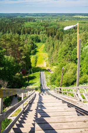 View from Mellonmaki ski jumping hill in summer, Imatra, Finlandの写真素材