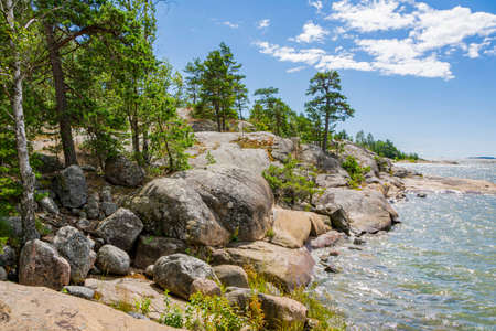 Rocky coastal view and Gulf of Finland, trees, shore and sea, Kopparnas-Storsvik recreation area, Finlandの写真素材