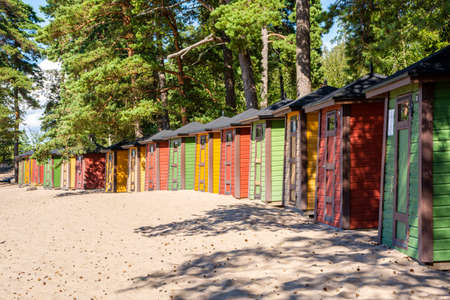 Colorful beach dressing rooms, Pihlajasaari island, Helsinki, Finlandのeditorial素材