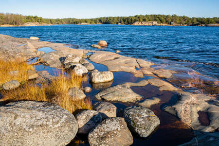 View of the shore of Porkkalanniemi, grass, stones and water, Kirkkonummi, Finlandの写真素材