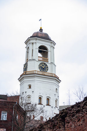 View of Clock Tower of the Cathedral of the Vyborg, Russiaの写真素材