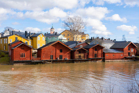 Porvoo city and Porvoonjoki river view, old wooden houses, Finlandのeditorial素材