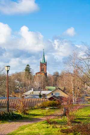 View from the park to The Uusikaupunki New Church, Finlandのeditorial素材