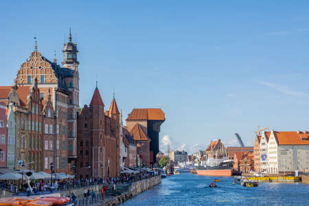 Gdansk, Poland - July 14, 2019: View of the Gdansk Old Town and Motlawa River