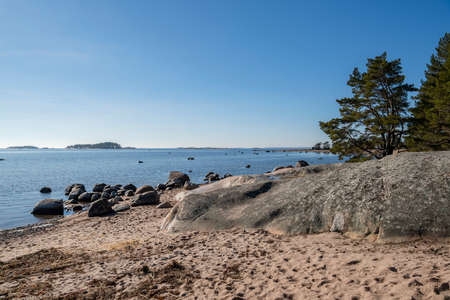 View of the shore and Gulf of Finland in spring, Furuvik nature preserve area, Hanko, Finlandの写真素材