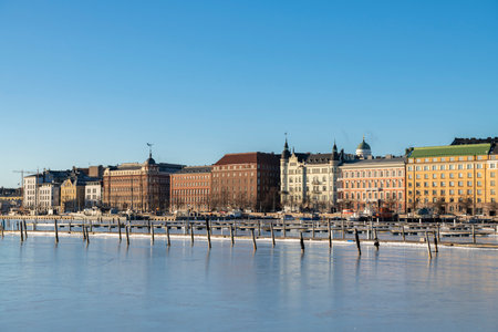 Helsinki, Finland - January 25, 2022: View to the Pohjoisranta Street and Pohjoissatama Harbor  in winterのeditorial素材