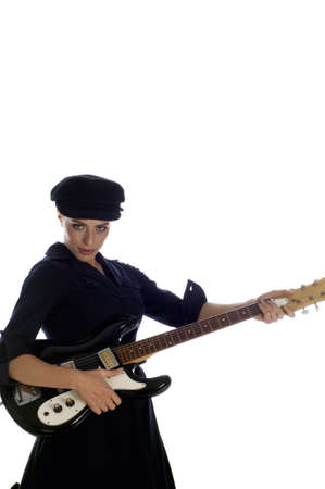 Blond model playing guitar in black dress and hatの写真素材