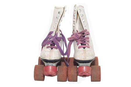 White leather retro roller skates isolated against white backgroundの写真素材