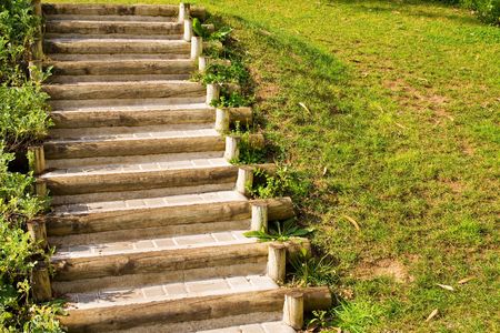 Stairs in the grass made of woodの写真素材