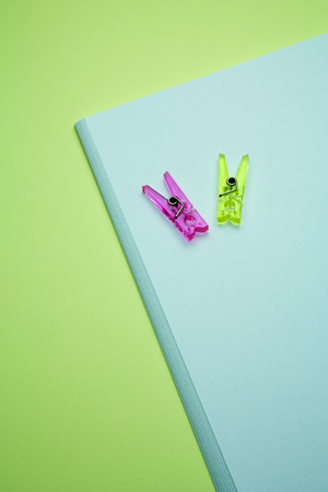 blank paper for writing with two clothespinの写真素材