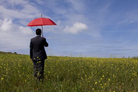 The insurance man in the field, giving you the best protection everywhere (with copy space)の写真素材