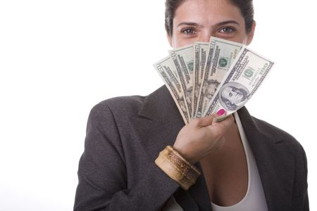 shy businesswoman showing the money she win
