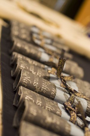 an arrangement of napkins at Christmas table (selective focus)の写真素材