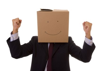 a funny cardboard head businessman with his arms outstretchedの写真素材