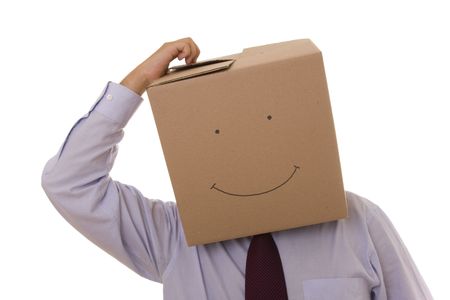 cardboard businessman with a smile face pointing to youの写真素材
