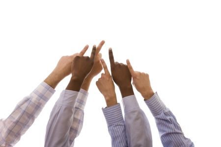 multiracial hands gesturing together (isolated on white)