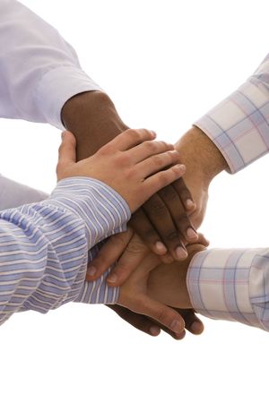 multiracial hands together isolated on white (selective focus)