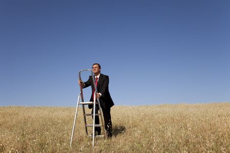 businessman in the field climbing a step ladderの写真素材