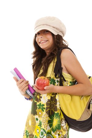 ten year beautiful girl ready to her first day of school (selective focus)の写真素材