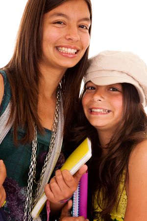two young student sisters ready to go back to schoolの写真素材
