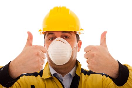 engineer with protective uniform pointing to you (selective focus)の写真素材