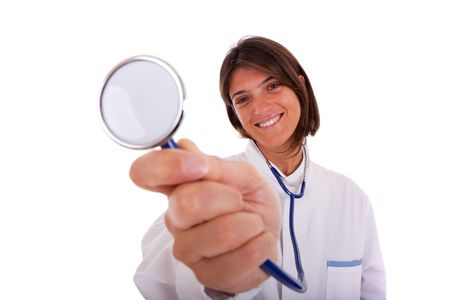 friendly woman doctor smiling to you (isolated on white)の写真素材