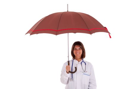friendly woman doctor holding a open umbrella (isolated on white)の写真素材