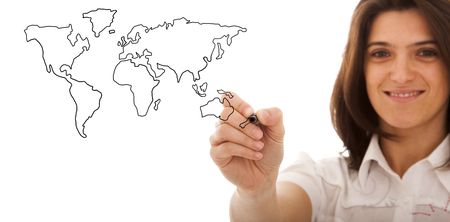businesswoman drawing the world map in a whiteboard (selective focus)の写真素材
