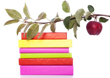 stack of colorful books and a branch with a fresh appleの写真素材