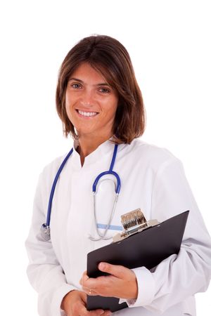 friendly woman doctor a clipboard (isolated on white)の写真素材