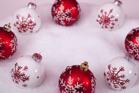 red and white christmas ornament background (selective focus)の写真素材