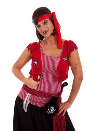 happy young woman dressed with a pirate outfit (isolated on white)の写真素材