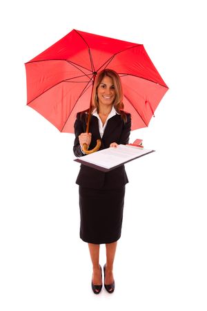 insurance professional giving you the best protection (isolated on white) の写真素材
