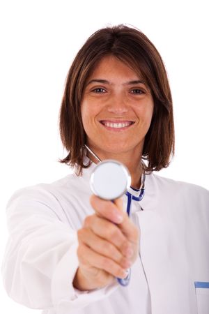 friendly woman doctor smiling to you (isolated on white)の写真素材