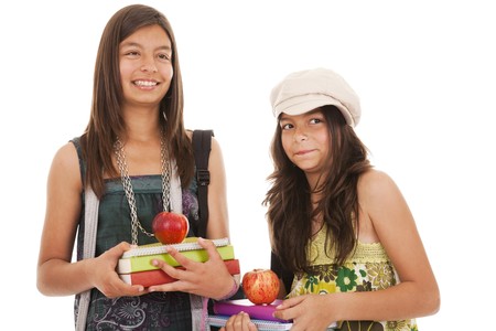 two young student sisters ready to go back to schoolの写真素材