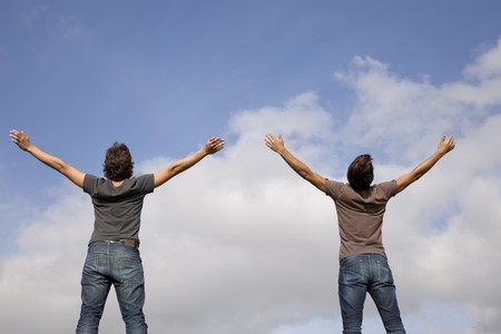 two young teenager enjoying the fresh air in outdoorの写真素材
