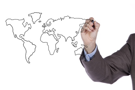 businessman drawing the world map in a whiteboard (selective focus)の写真素材